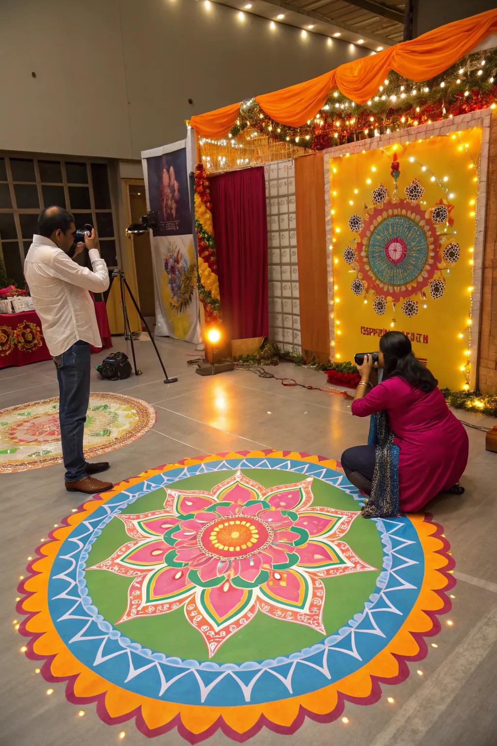 Dynamic rangoli designs adding an artistic flourish to the booth.