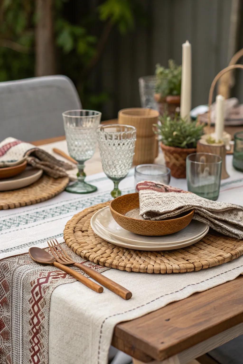 Layered textures using fabrics, glass, and wood craft a full and inviting table arrangement.