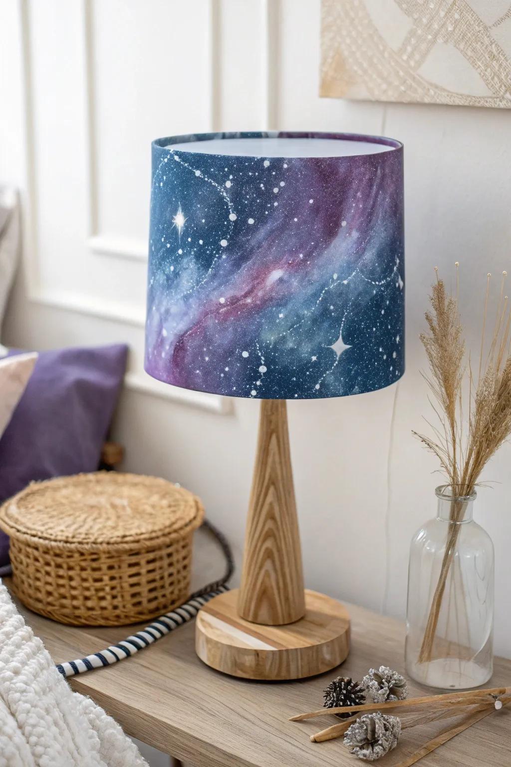 Illuminate your space with a touch of the cosmos. This galaxy-themed lampshade brings the beauty of the night sky indoors.