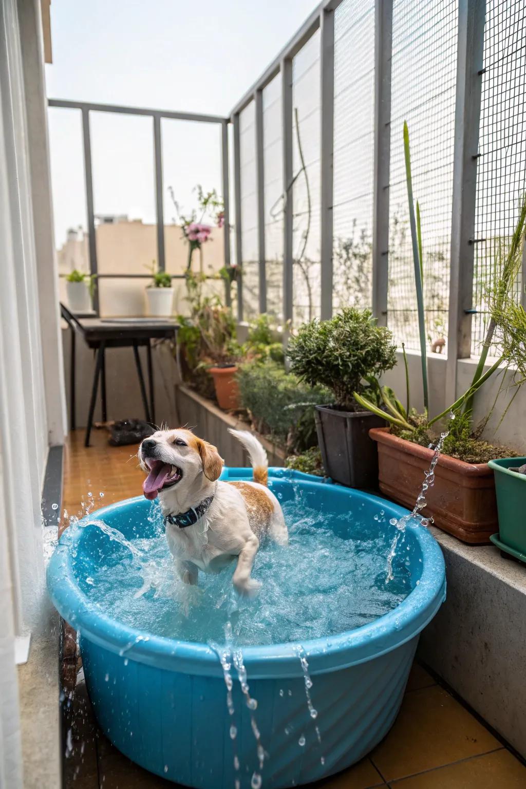 A moveable canine pool offers a splash of fun on warm days.