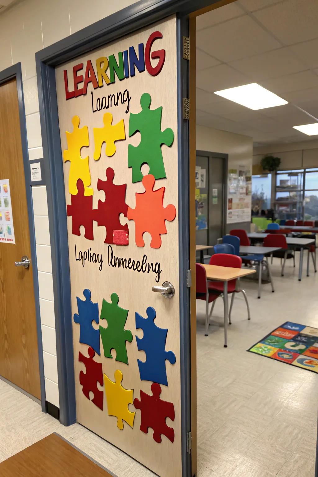 A collaborative jigsaw entryway symbolizing unity and learning.