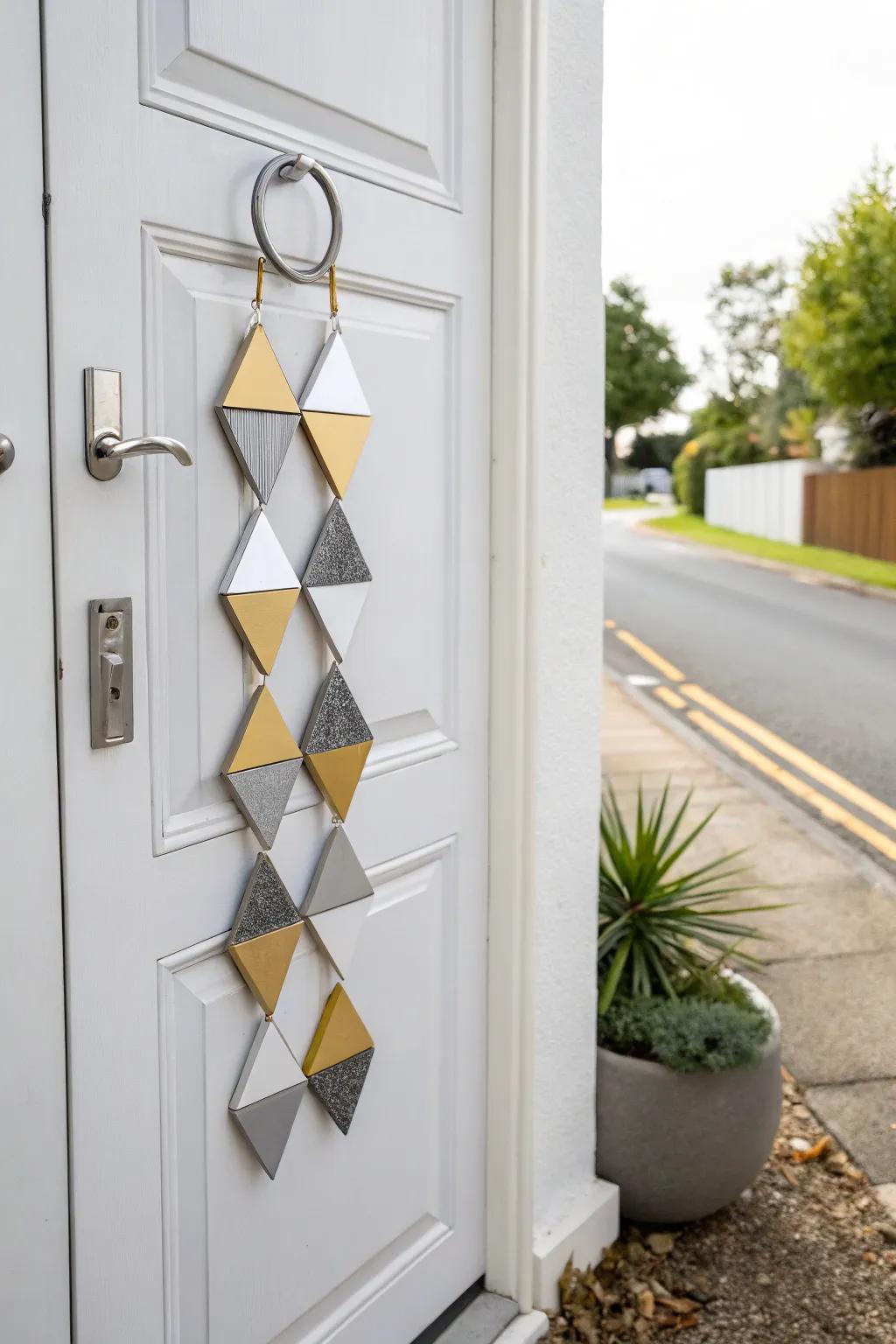 Accomplish a modern aesthetic with a geometric door decoration.
