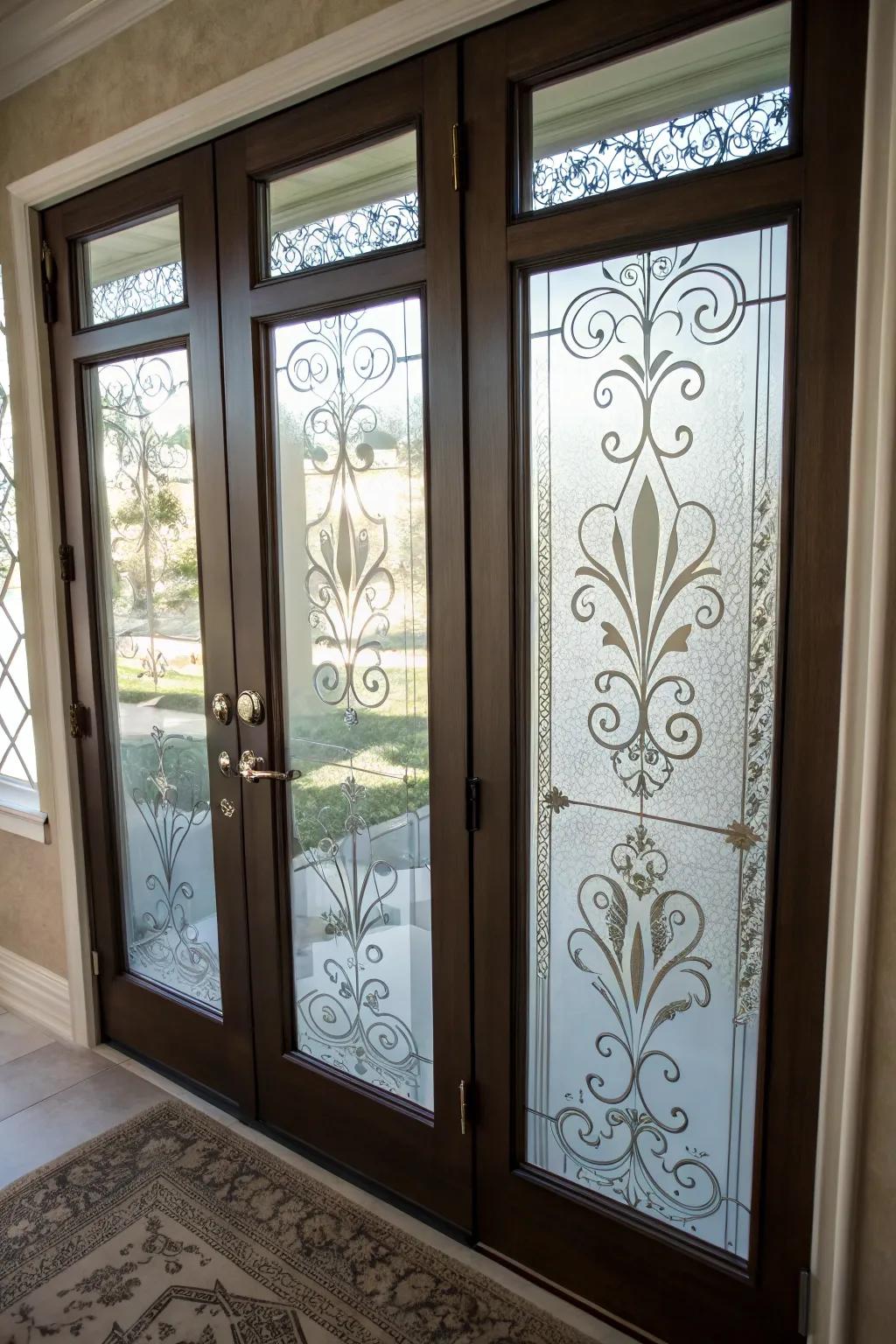 Sandblasted glass delivers a unique and artistic way to introduce privacy to your entryway windows.