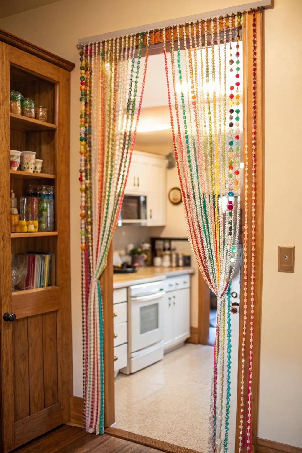 Stringed dividers add a nostalgic, playful charm to doorways.
