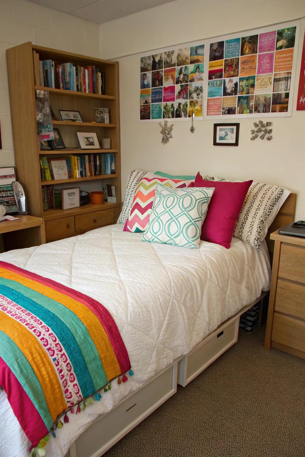 Accent cushions contribute color and coziness to your dorm.