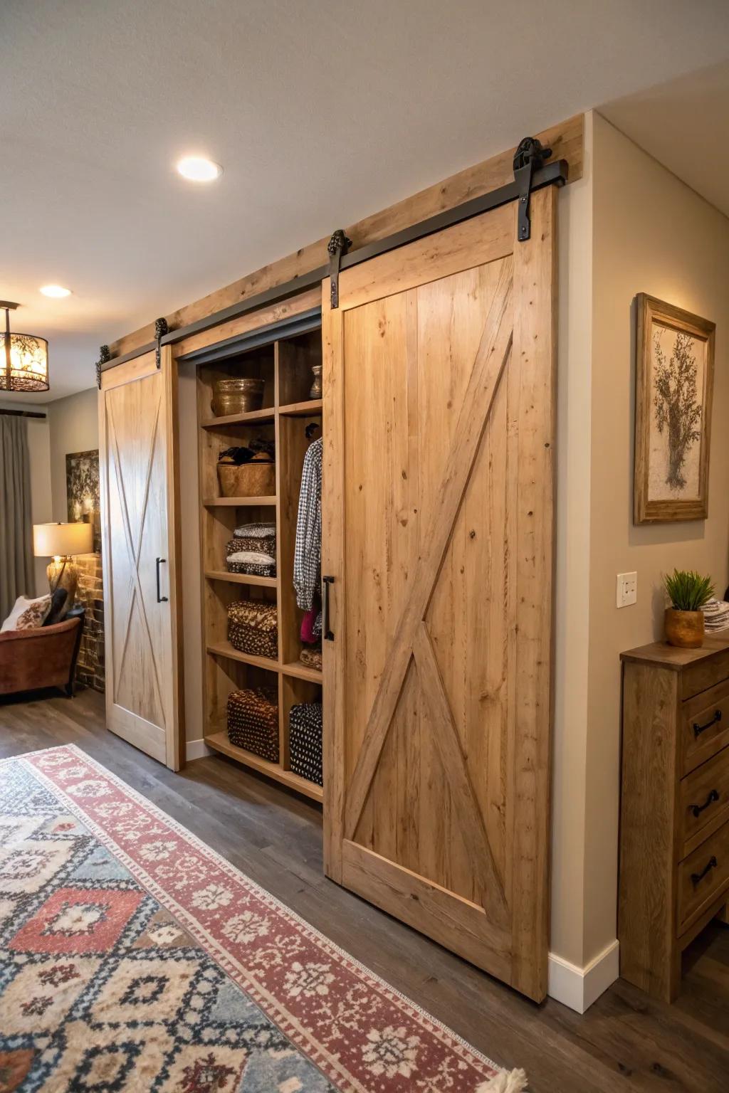 Sliding barn doors give a double closet a touch of rustic beauty.