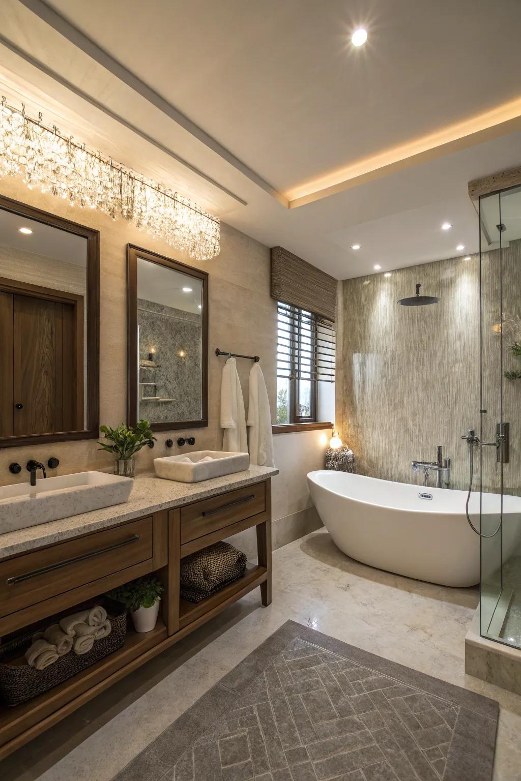 A spa-like environment featuring deluxe towels and calming illumination.
