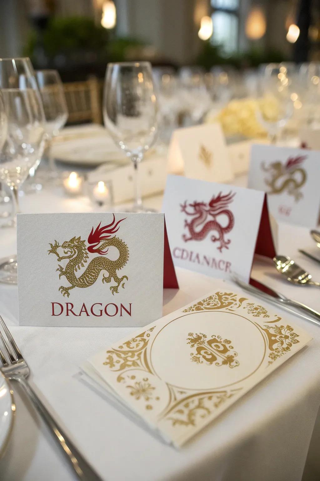 Charming seating cards introduce a personal impression to the festivity.