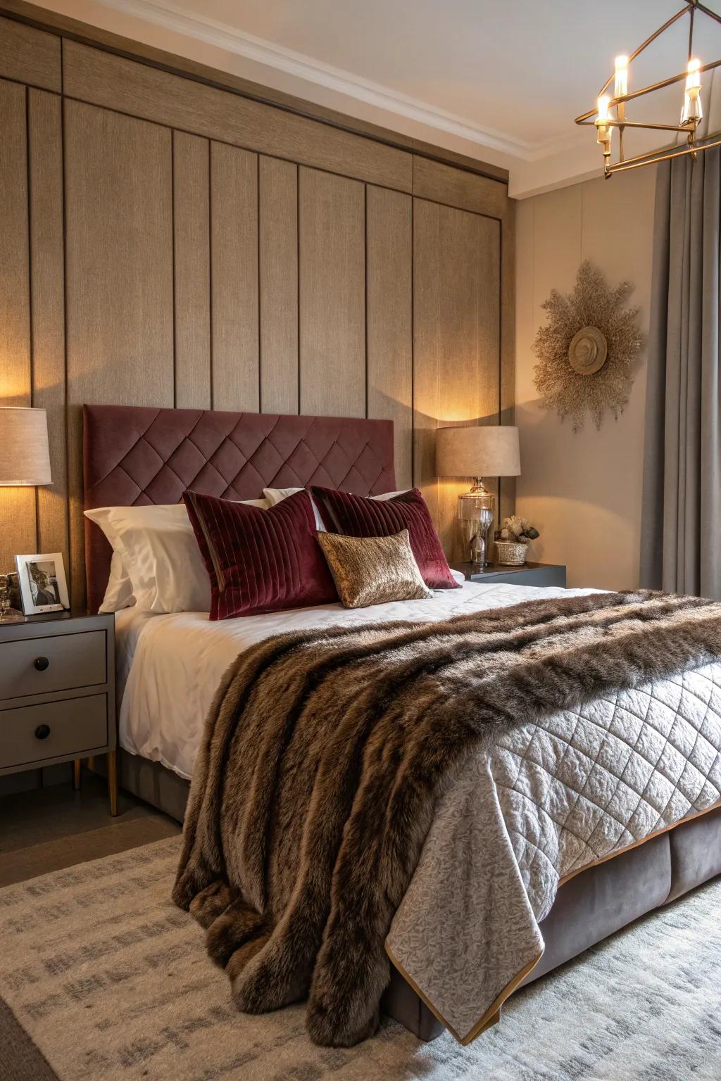 Tactile stratification introduces dimension and curiosity into the bedroom's aesthetic.