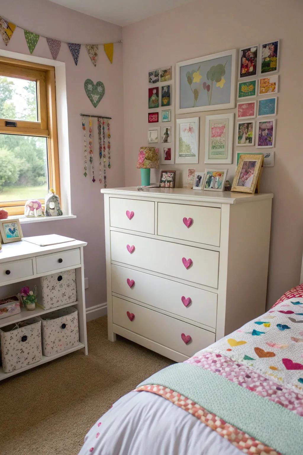 A DIY-updated dresser displaying unique style in a small bedroom.