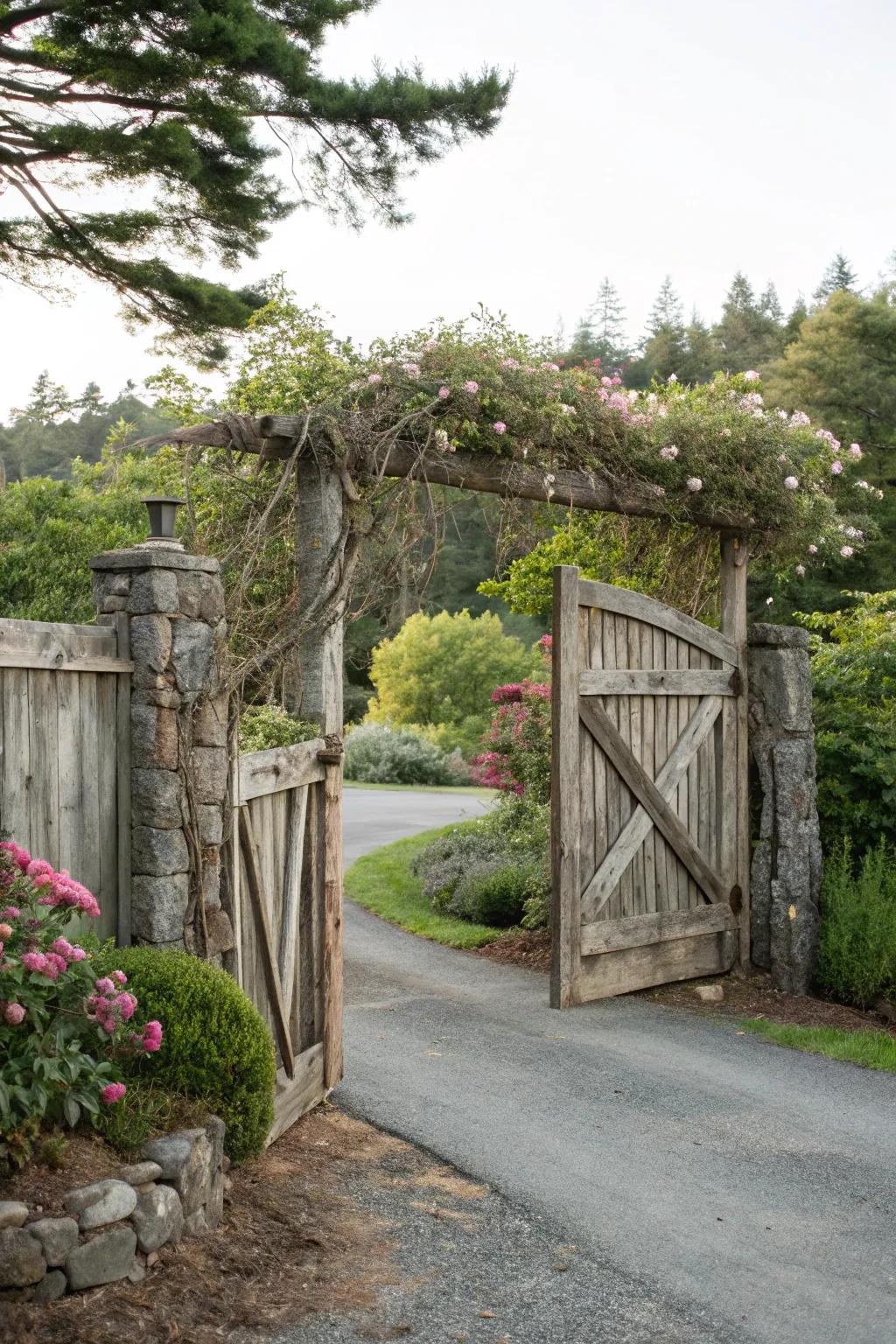 A country-style wood gate provides warmth and privacy at this entrance.