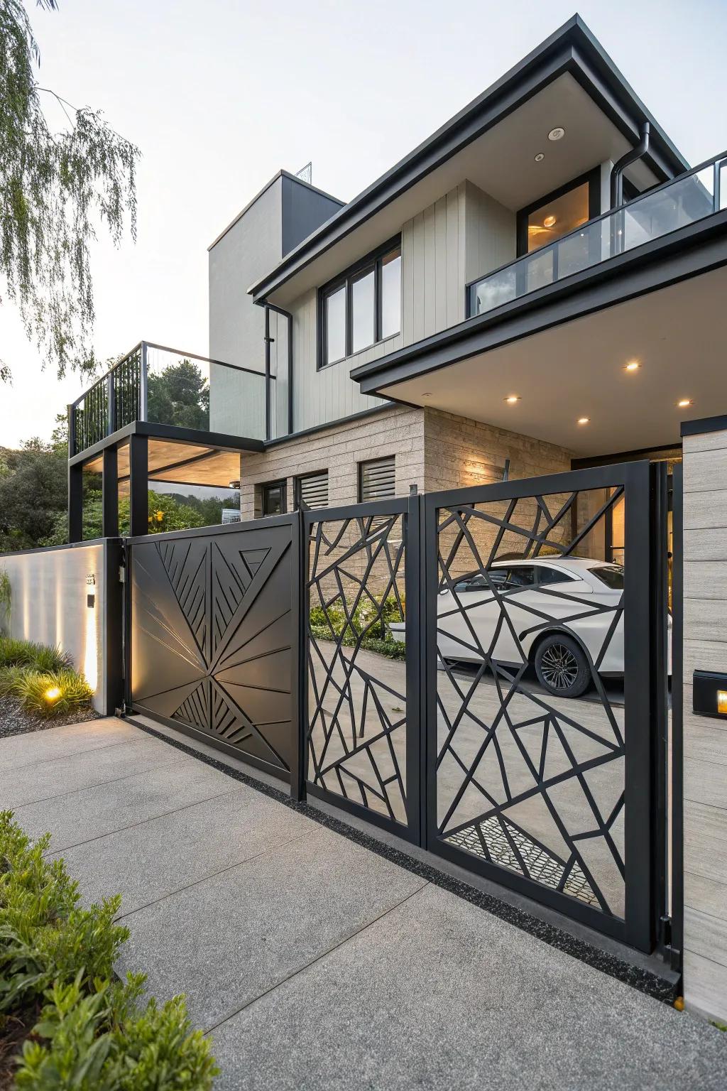 A geometric gate that enriches a modern home with artistic flair.