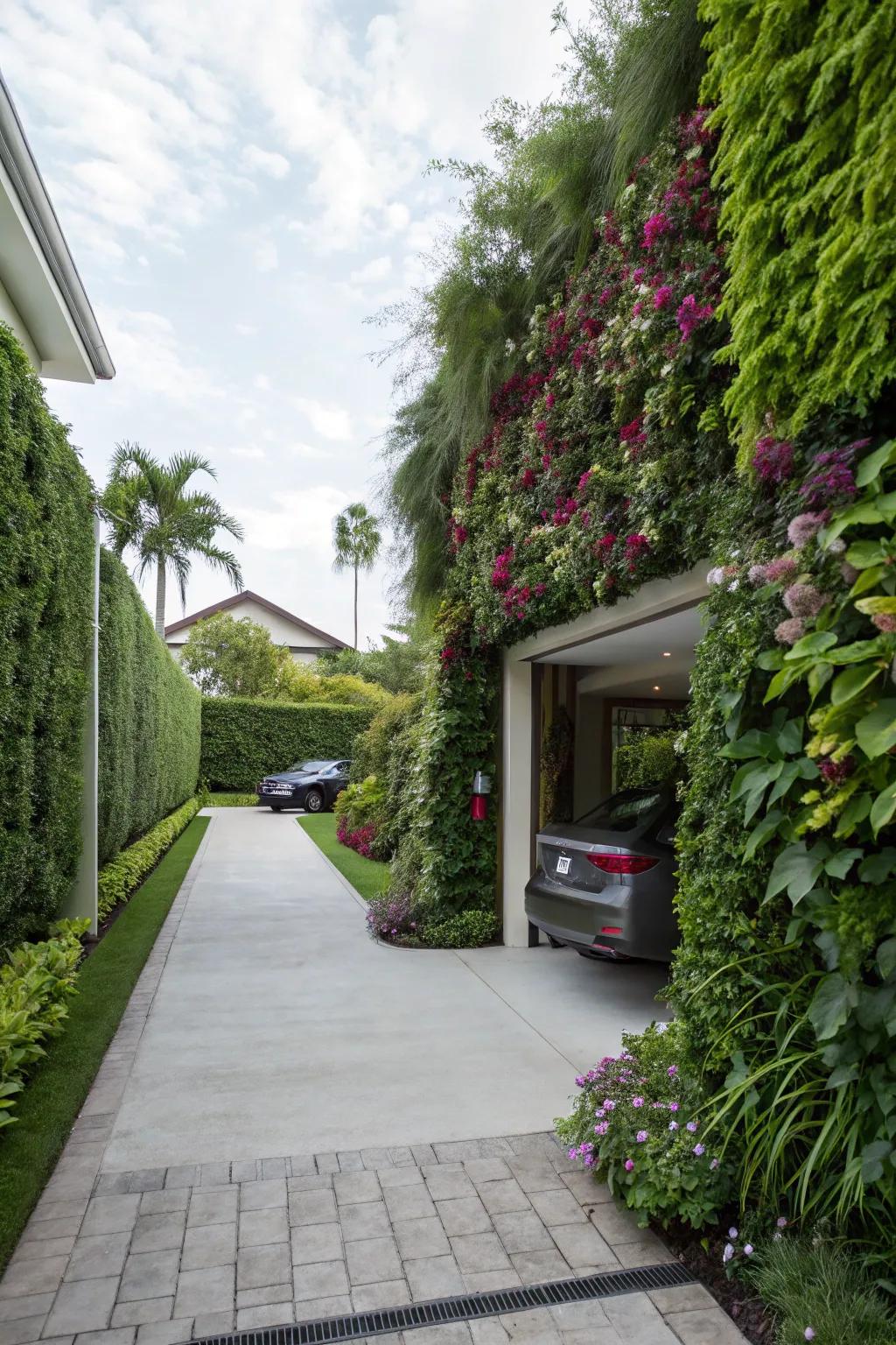 Space-efficient skyward garden panels lining the driveway.