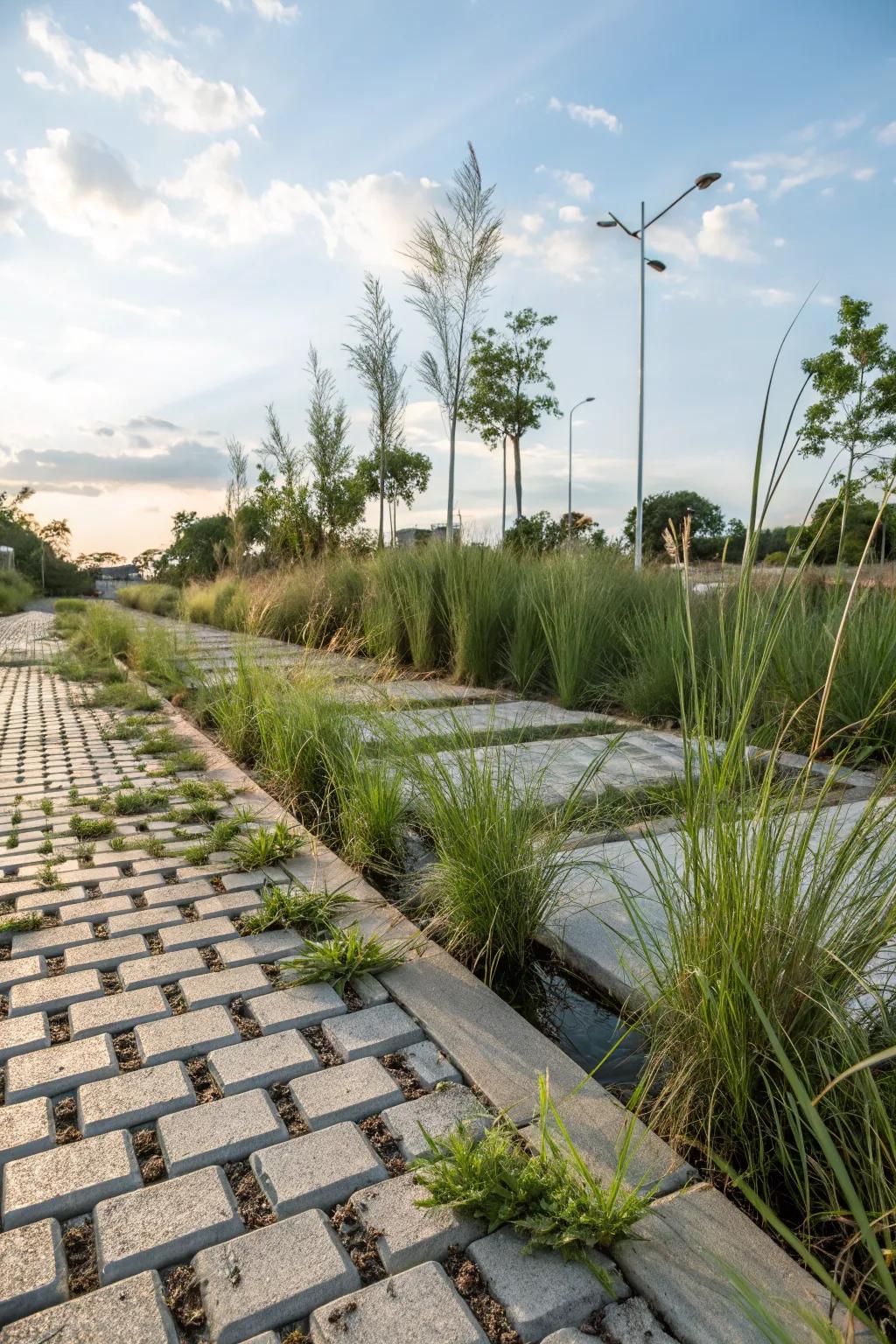 Eco-friendly pavers merging beautifully with native plants.