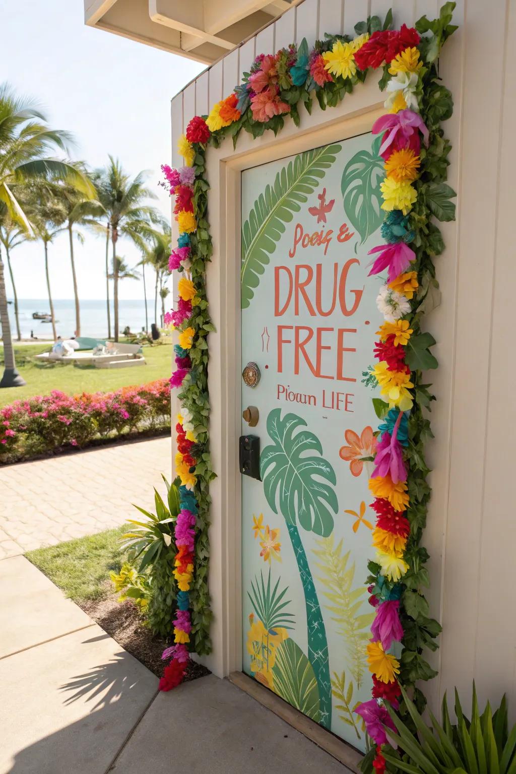 A tropical-themed door decoration using a substance-free message.