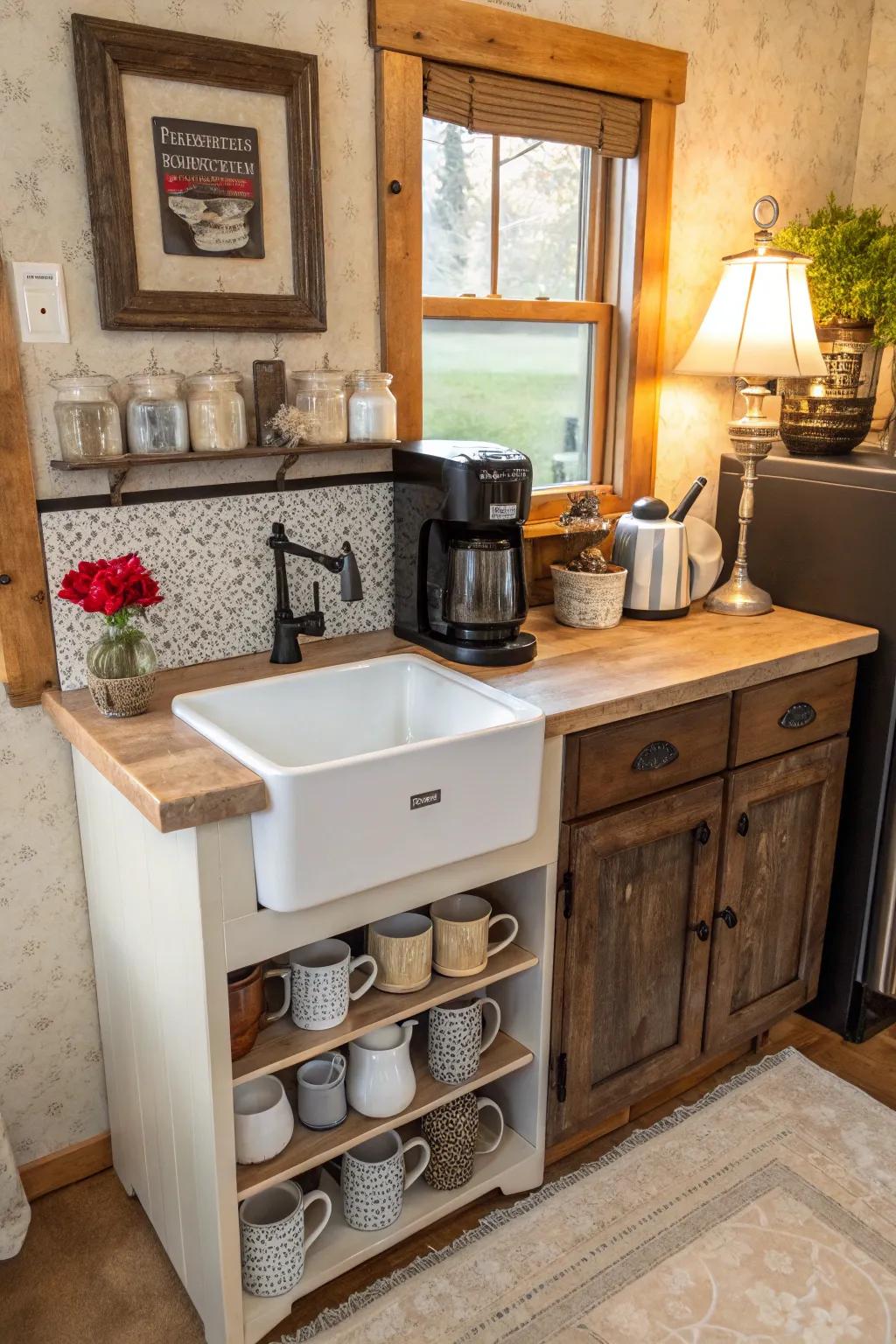 A cozy coffee space established from a classic reclaimed storage unit.