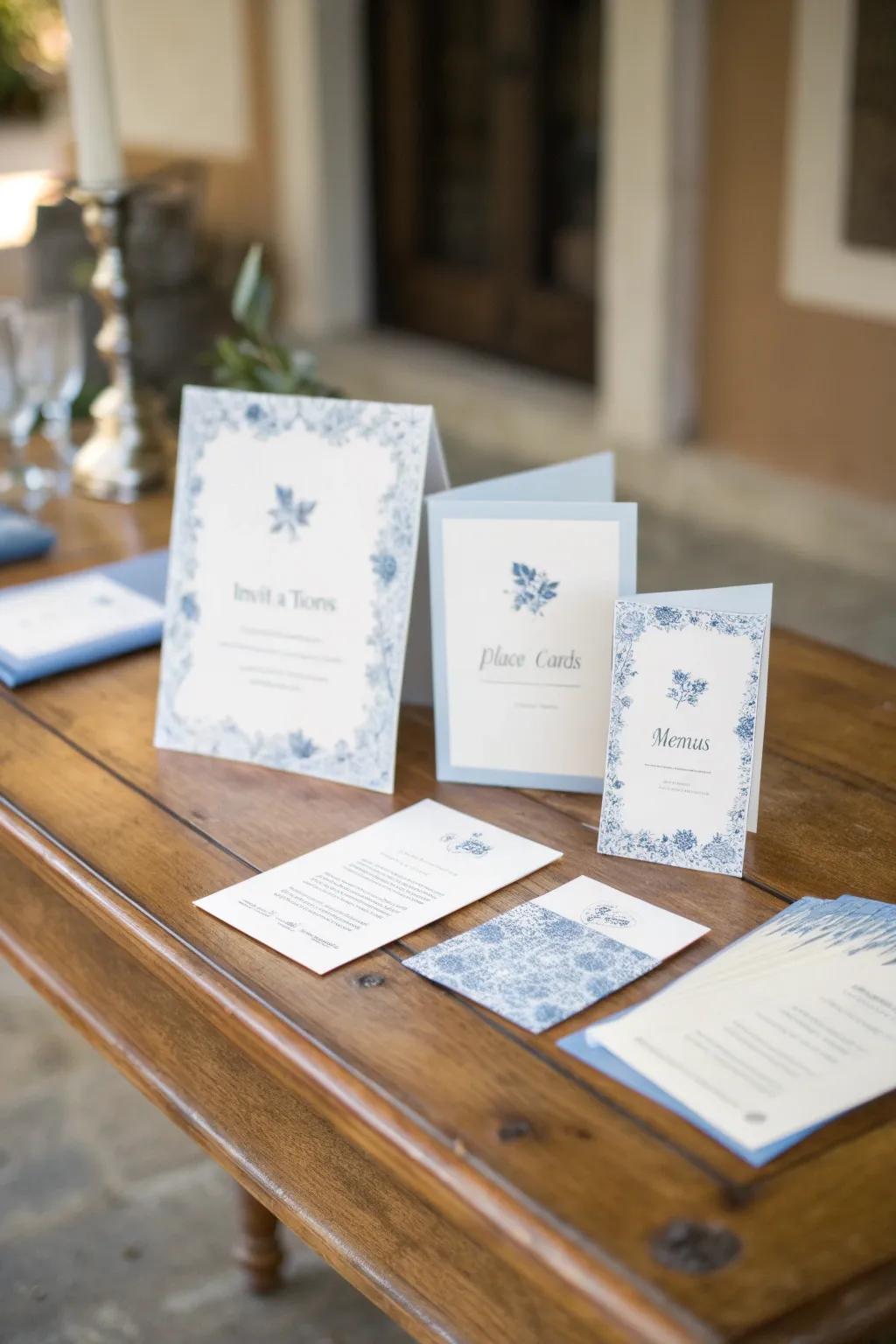 Beautiful stationery exhibiting hazy azure touches that enhance the wedding's unified theme.