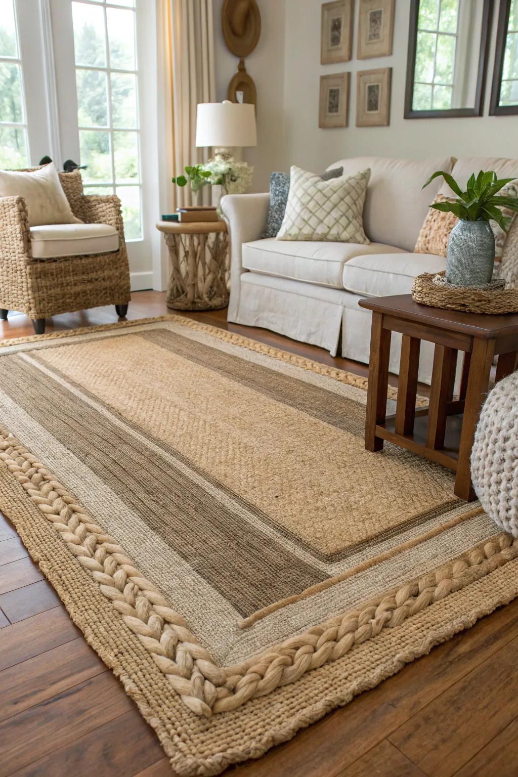 Living area exhibiting layered natural fiber rugs.