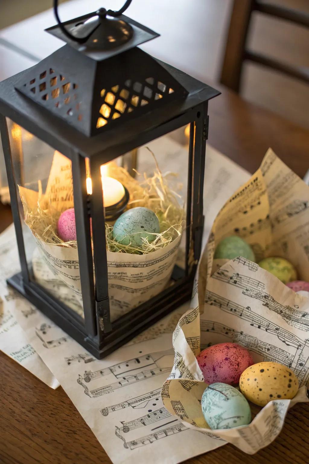 Retro song sheets contribute a nostalgic revision to lanterns.