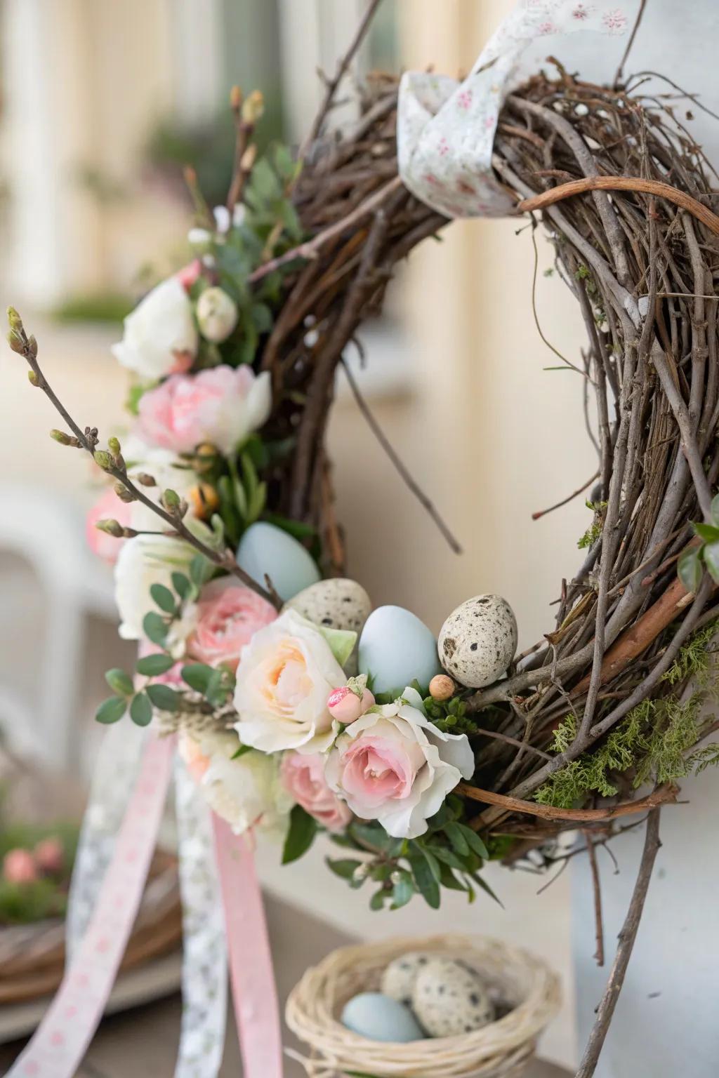 A woodsy chaplet fashioned from branches and soft-toned flowers serves as a striking Easter setting centerpiece.