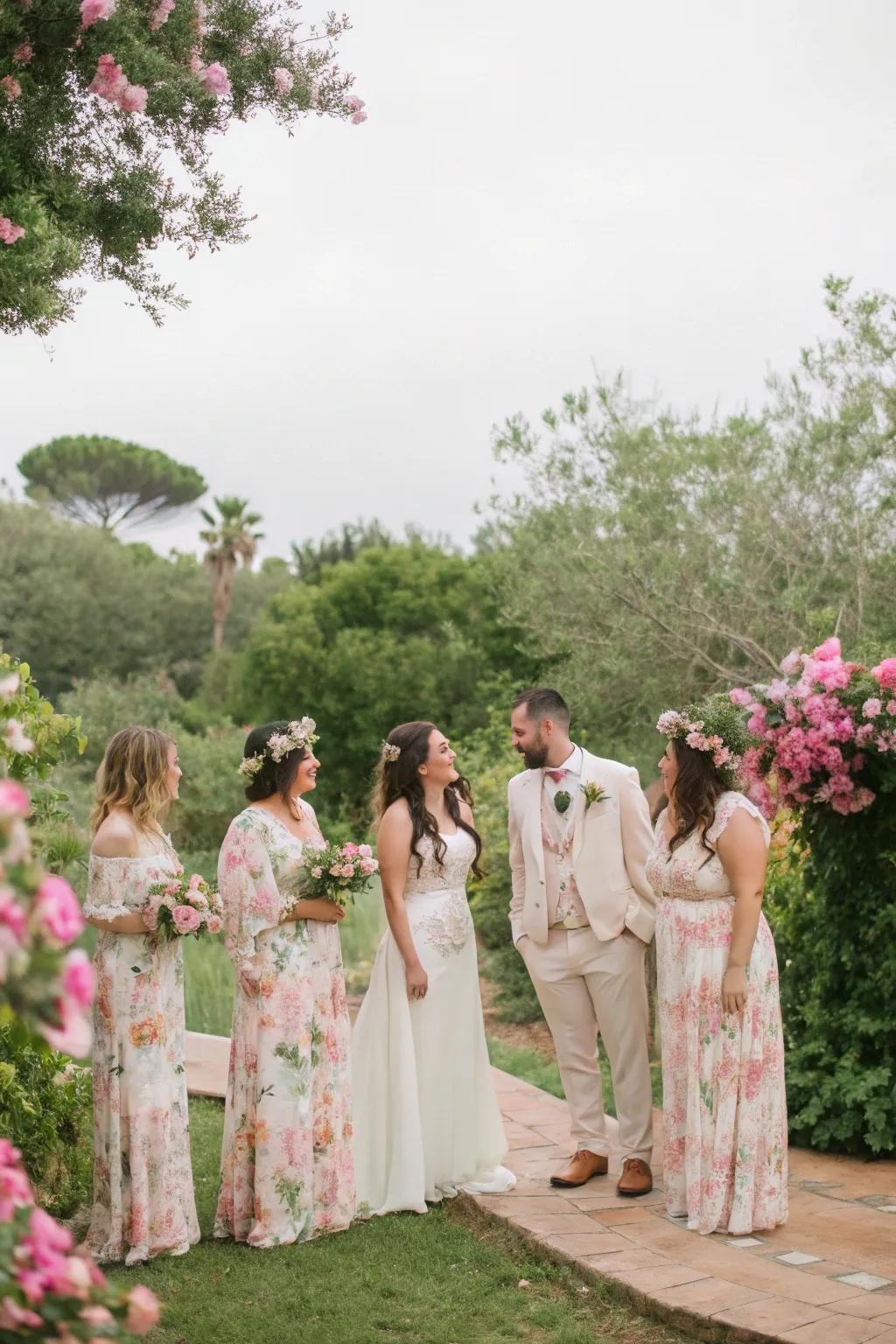 Wedding attendees dressed in nature-themed floral and delicate attire.