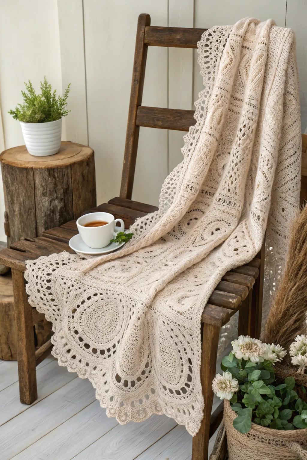 Envelop yourself in classic era elegance using this intricately laced crochet blanket, a flawless fusion of simplicity and nostalgia.