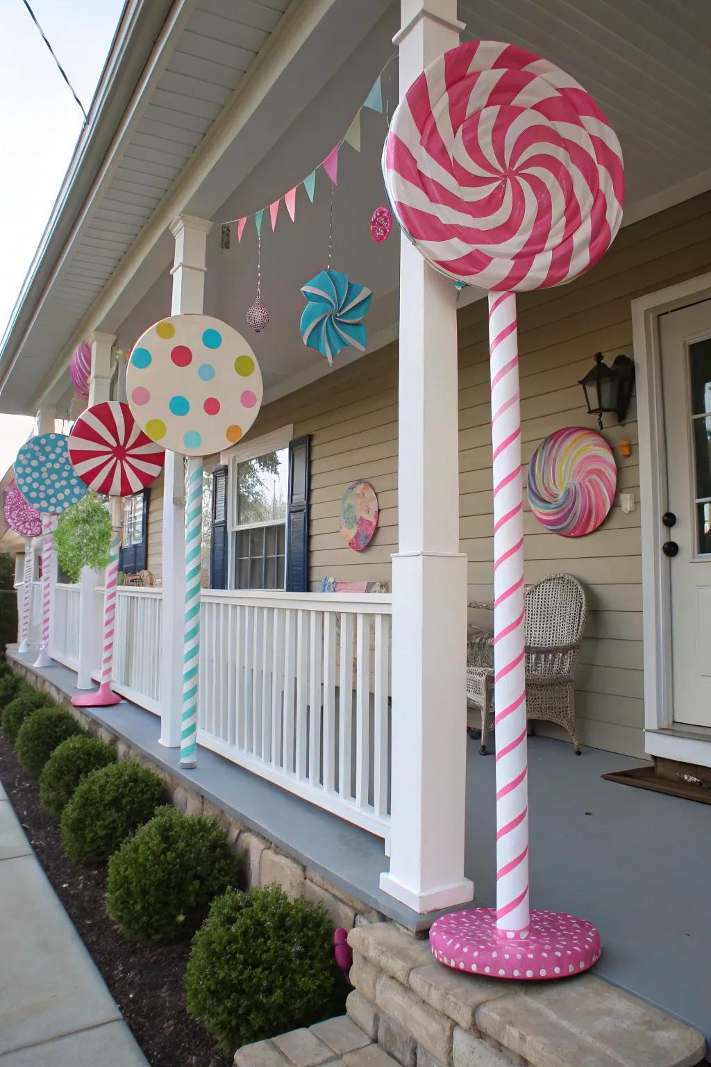Oversized lollipops convey playful whimsy to the veranda.