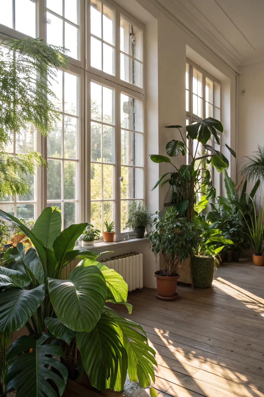 A bright room filled with natural light and lush greenery.