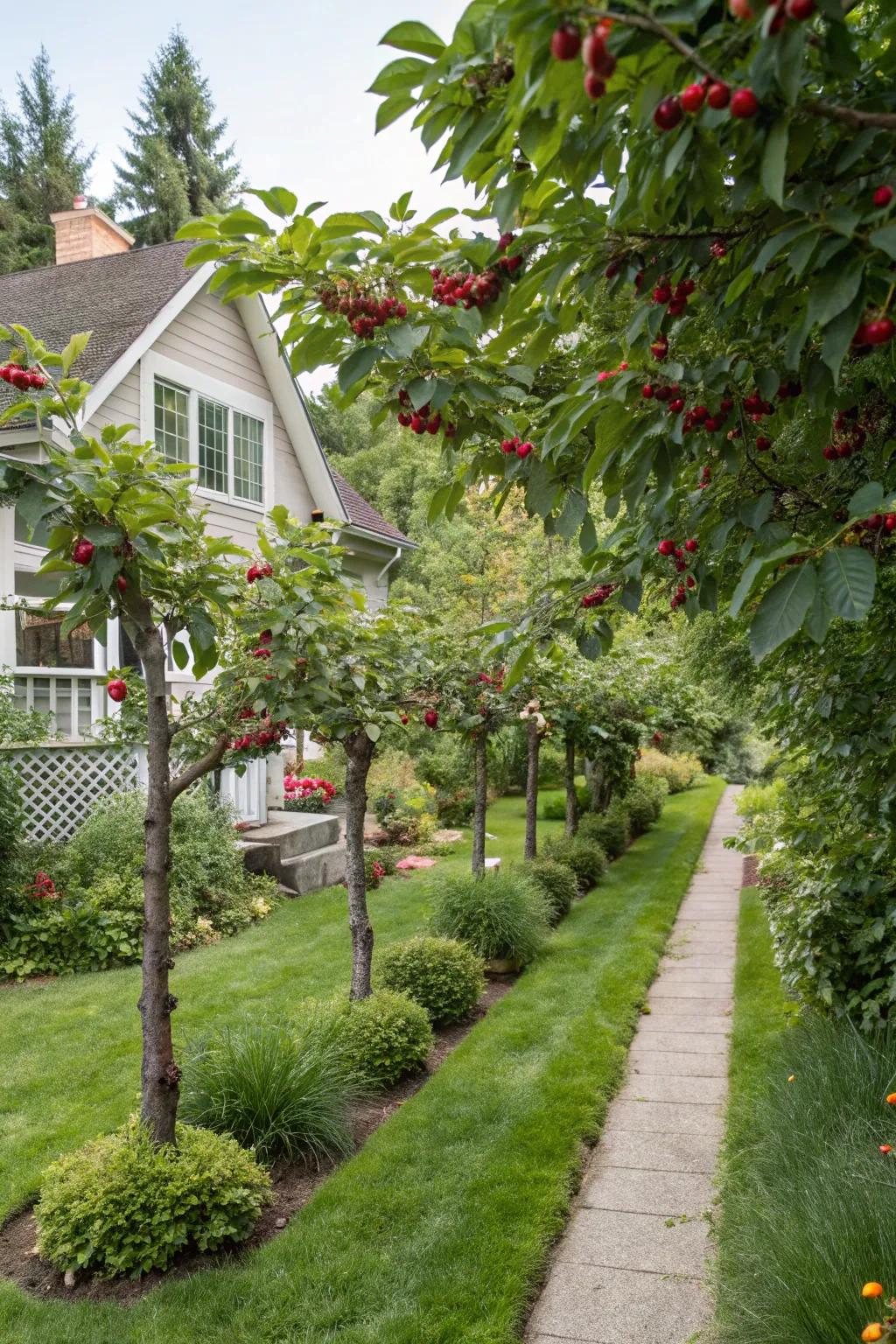 Living privacy screens create seclusion and provide seasonal fruit.