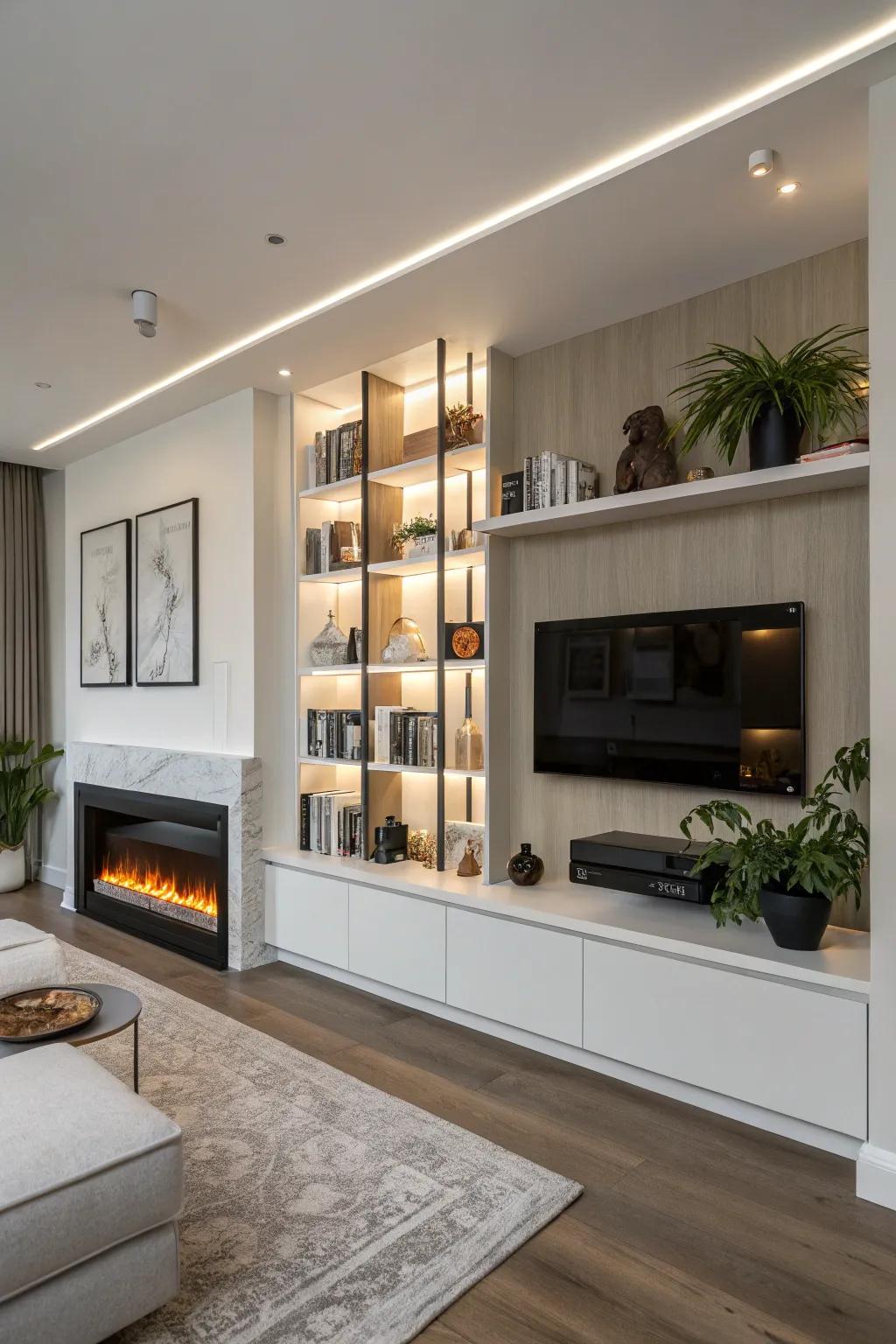 Modern shelving complements the fireplace's design.