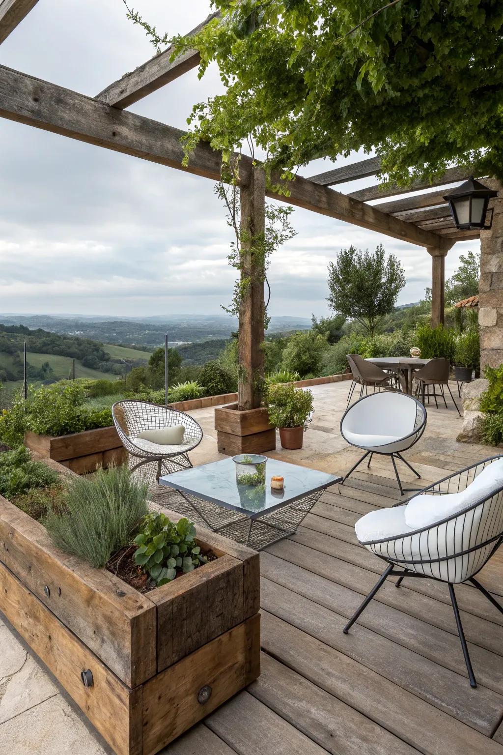 Combining modern and rustic styles results in a one-of-a-kind patio aesthetic.