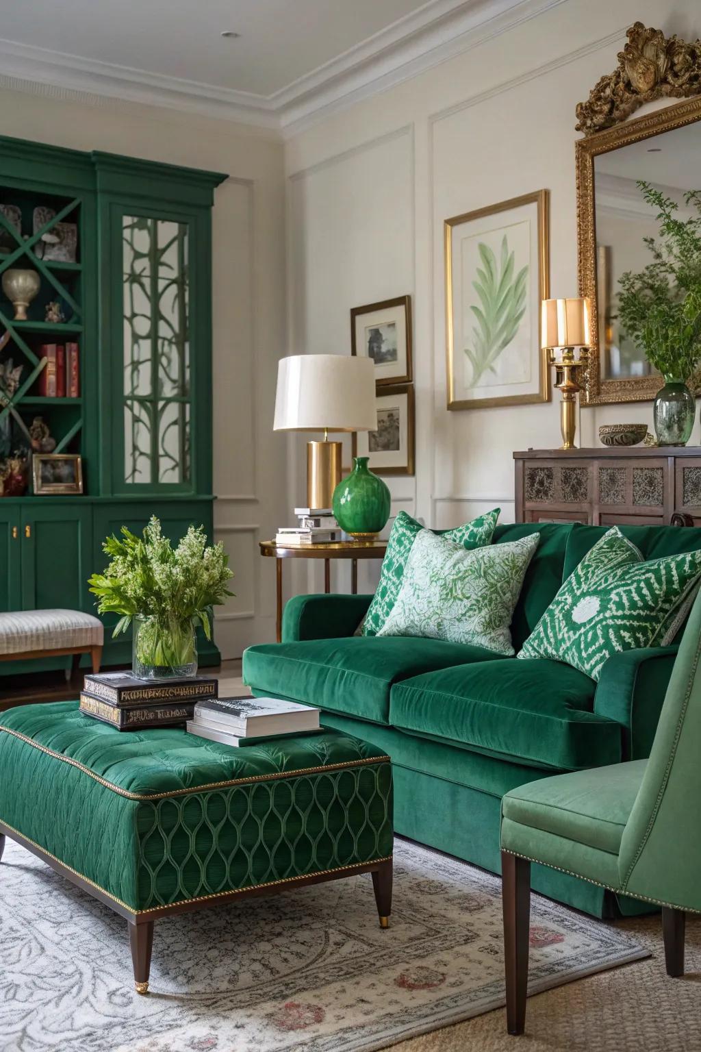 A carefully chosen mix of classic and contemporary aesthetics within a setting featuring deep green.