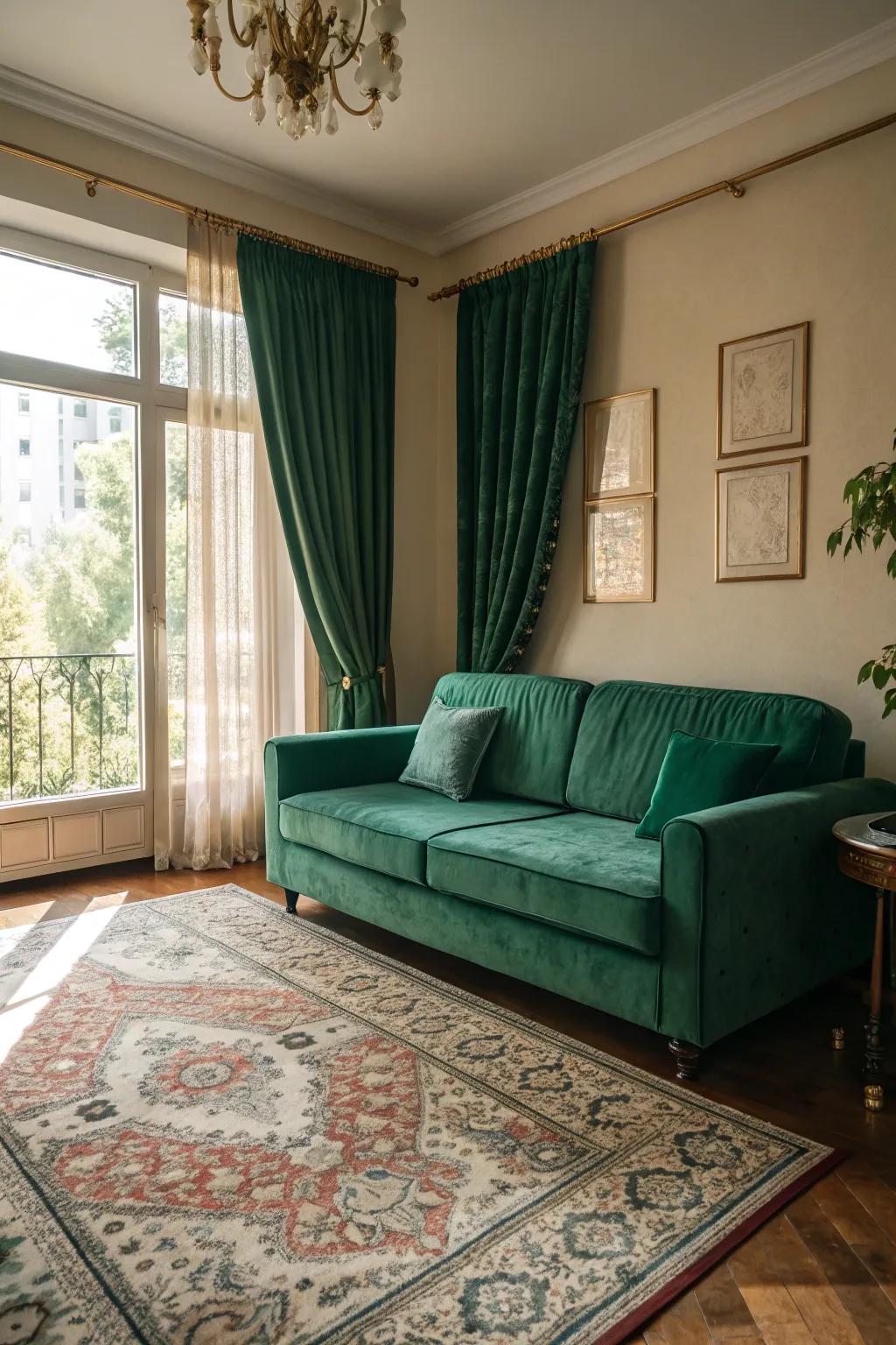 Patterned elements introduce dimension to a deep-green couch setting.