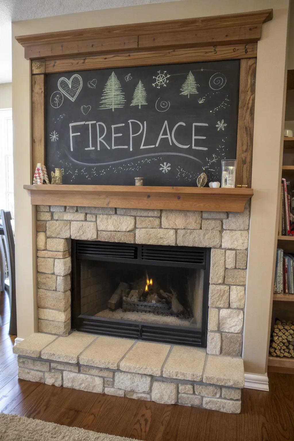 Bring a playful element using a chalkboard fireplace.