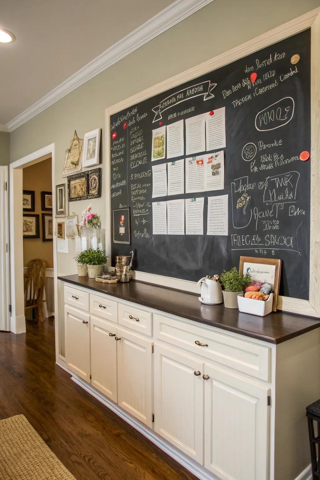 A writing board brings an interactive and unique aspect to the kitchen.