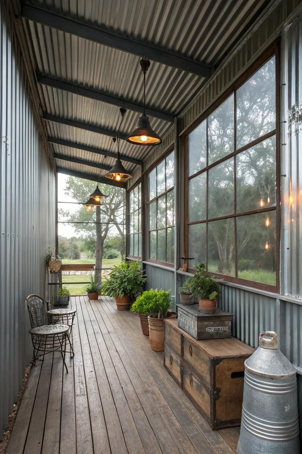 A modern sheltered porch featuring sleek metal cladding.