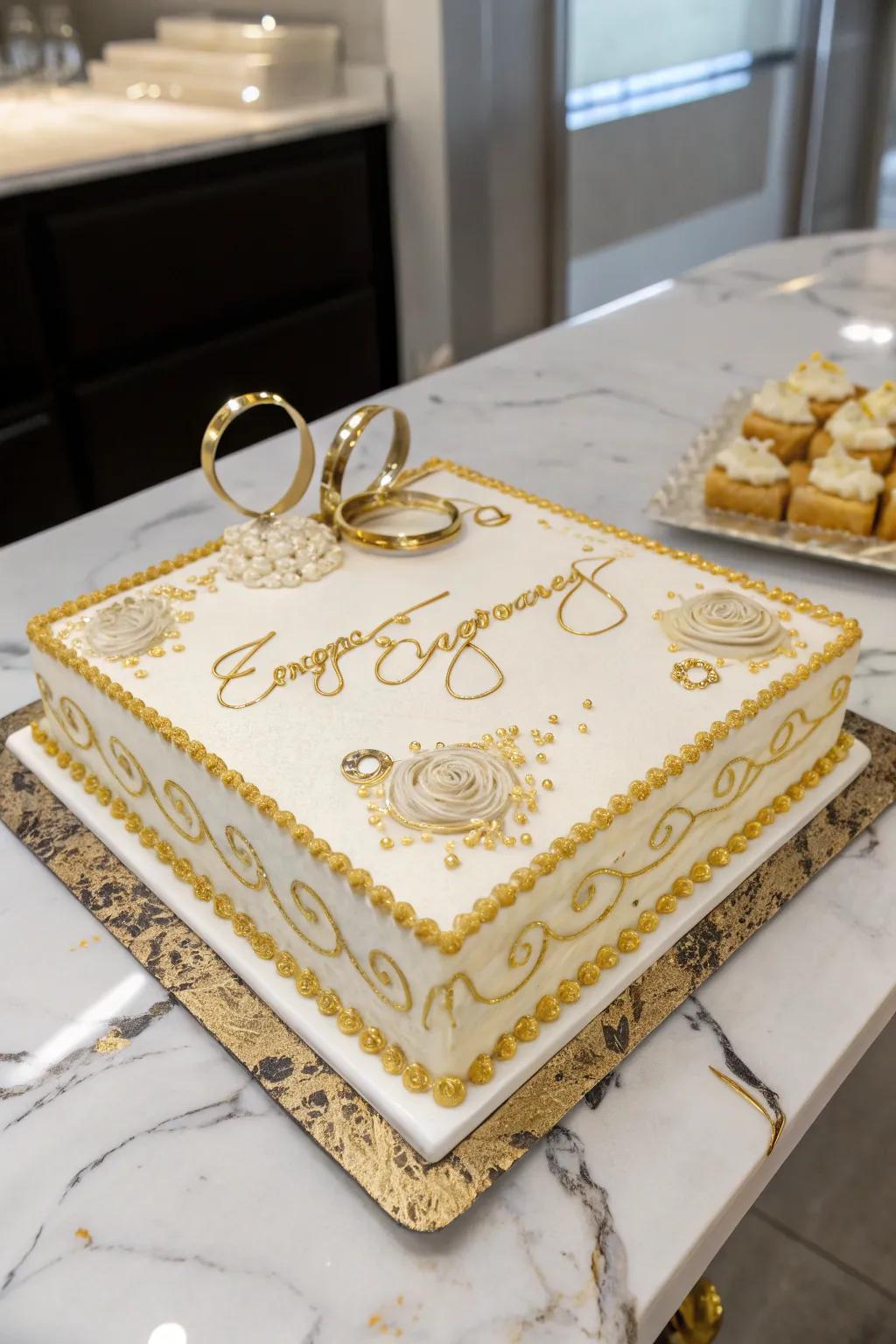 An engagement sheet cake enhanced with glamorous metallic features.