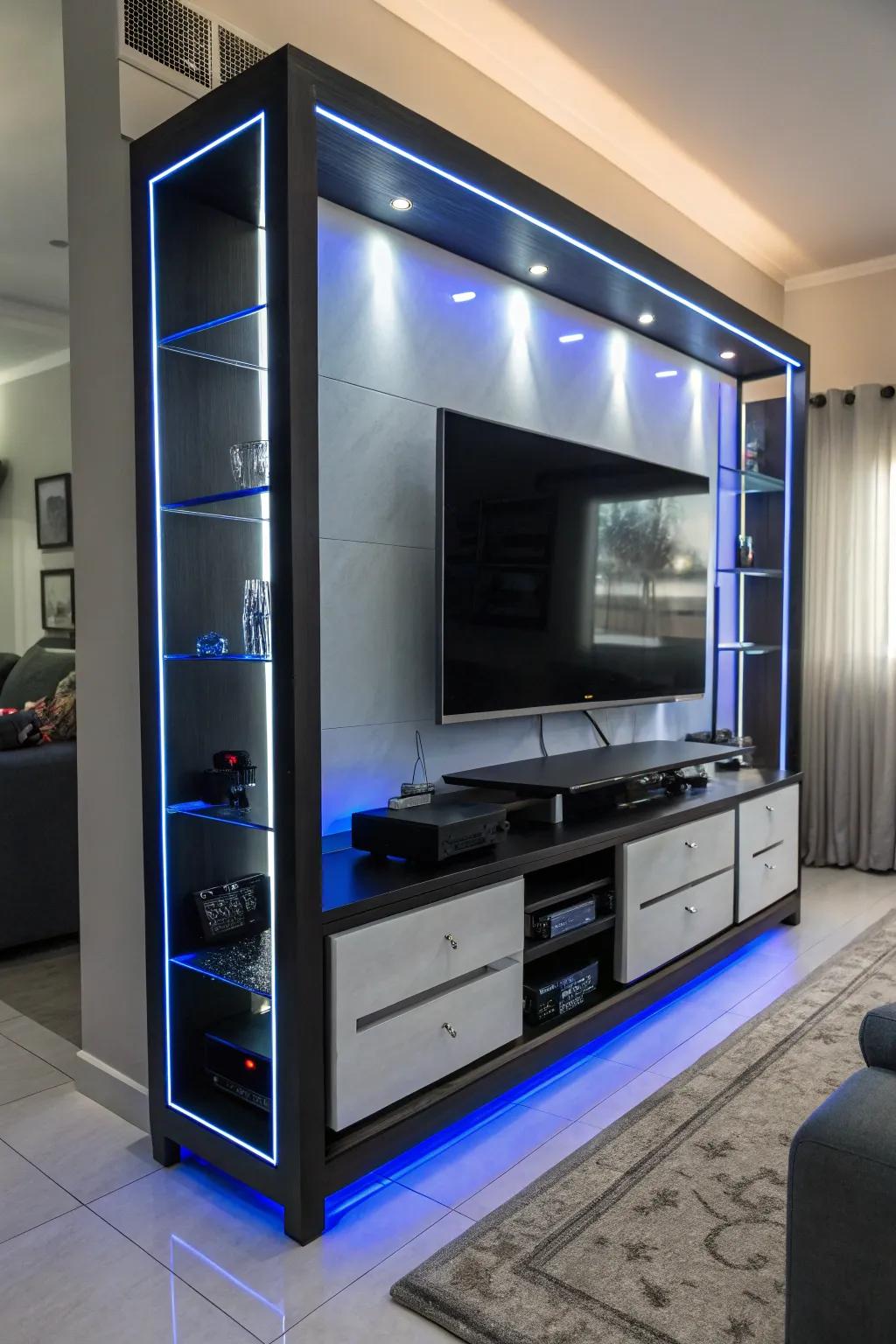 An entertainment center illuminated by fashionable lighting.
