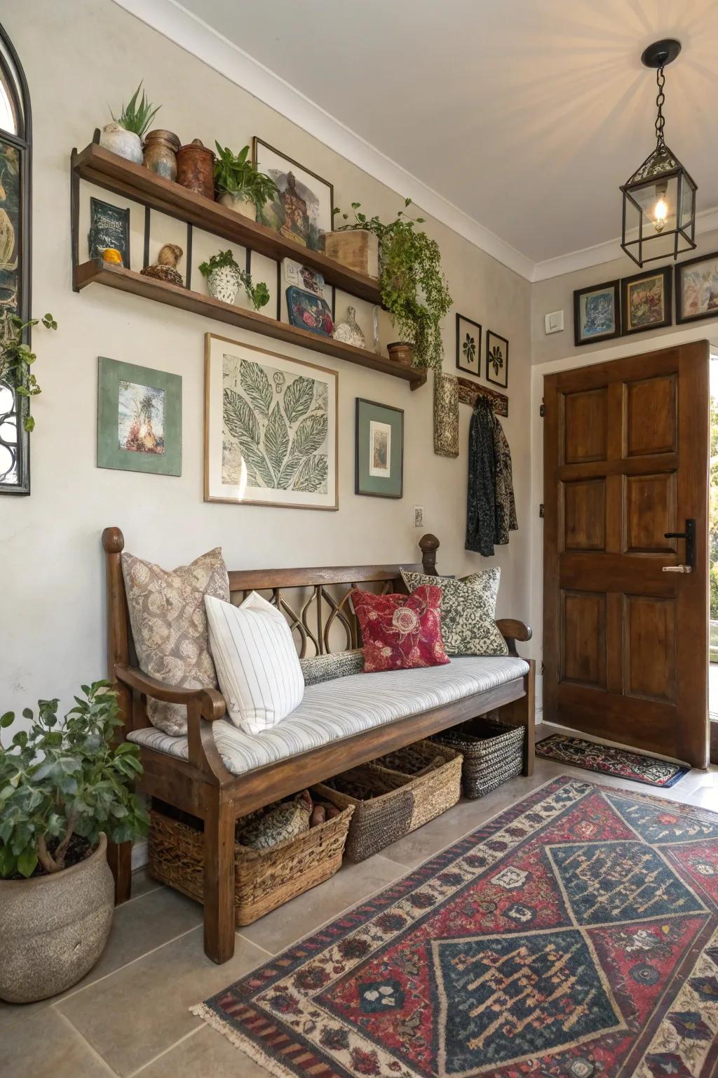 A classic wooden bench adds character and charm to this eclectic entryway.