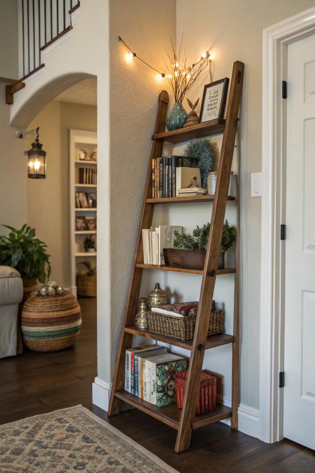 A ladder-style shelf merges aesthetic appeal and functionality in the entryway.