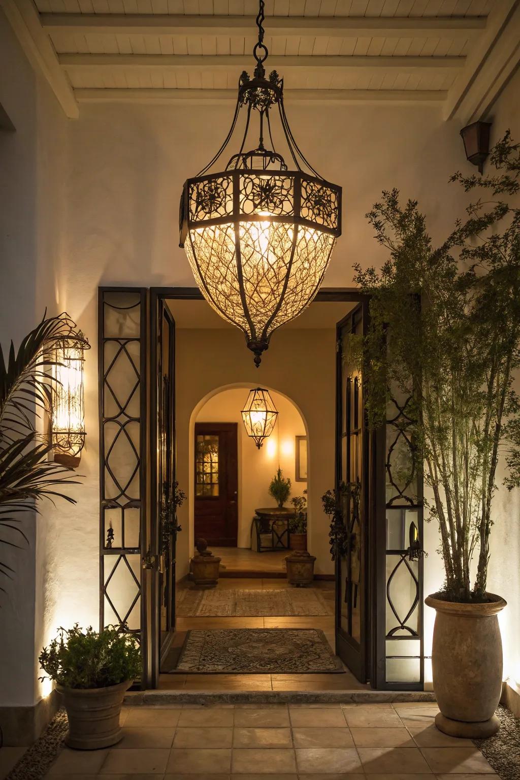 Unique lighting selections change the feel of the entryway.