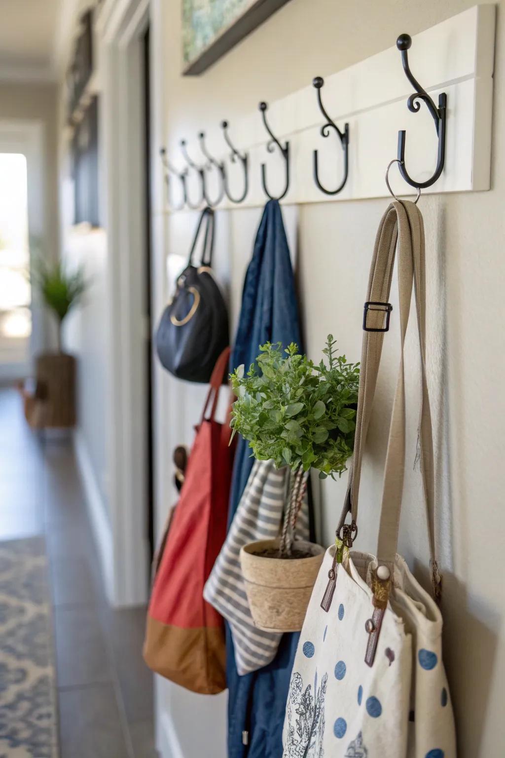 Hooks designed for bags and accessories for effortless organization.