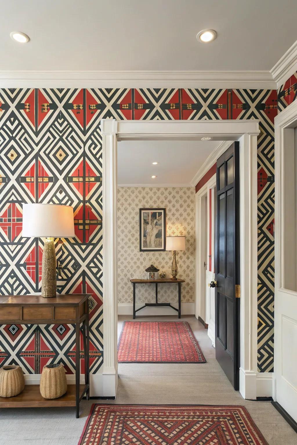 Bold wallpaper crafts an artistic and vibrant entryway statement.