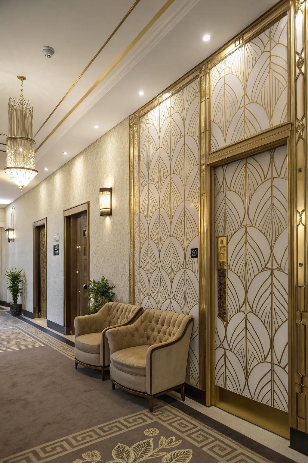 A glamorous entryway featured Art Deco wallpaper for a striking flair.