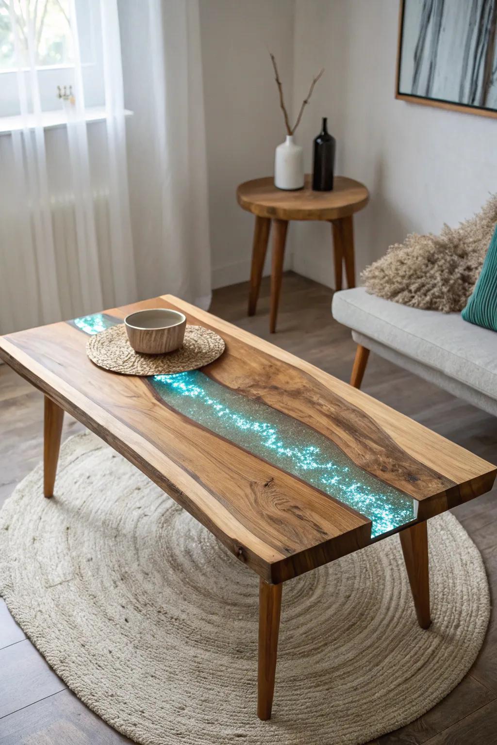 Illuminate your evenings incorporating the captivating radiance involving this handcrafted epoxy resin coffee table, wherein Scandinavian straightforwardness encounters enchanting allure.
