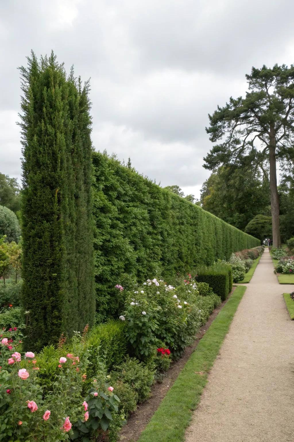 A private garden highlighted by tall evergreen screens for added seclusion.