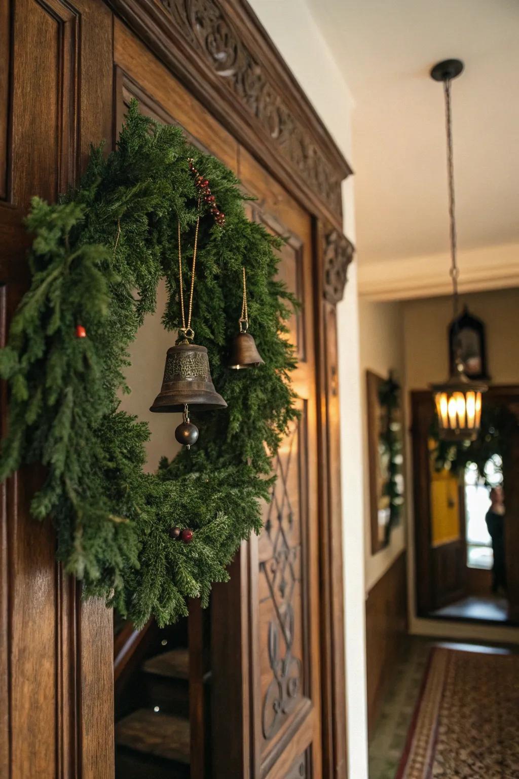 A nostalgic swag featuring retro jingle bells suspended on a door.