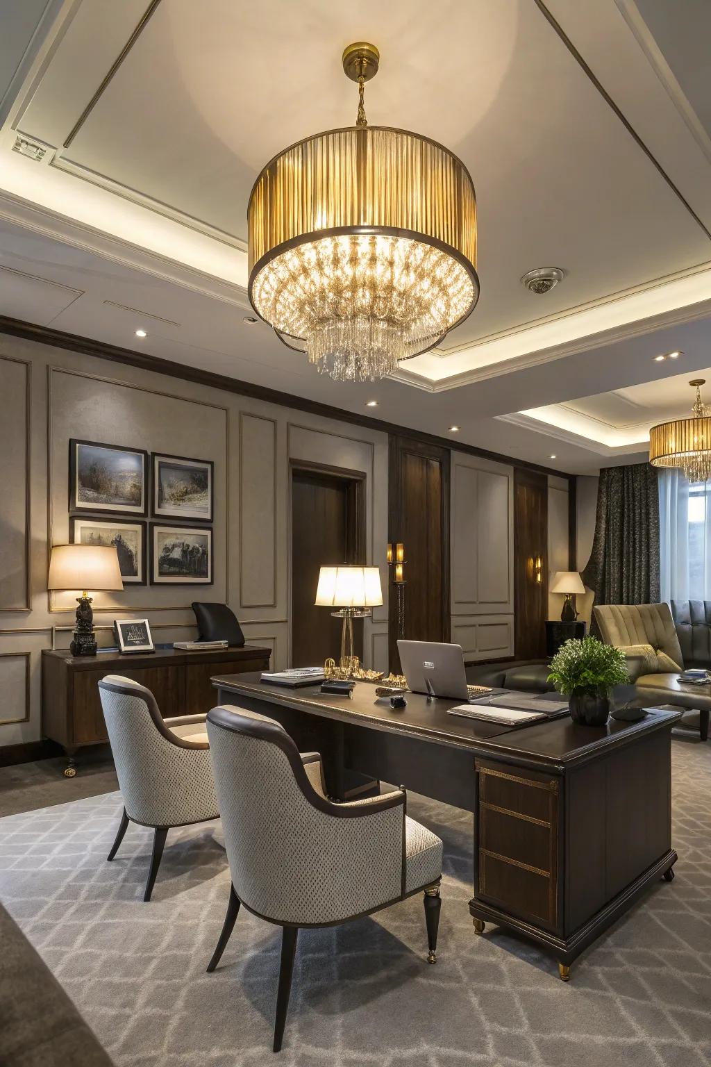 Elegant lighting improves the office's ambiance.
