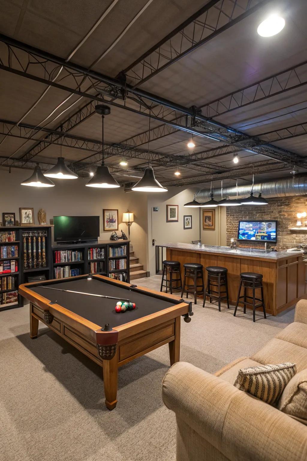 Strategic furniture arrangements establish practical areas in a basement featuring an exposed ceiling.