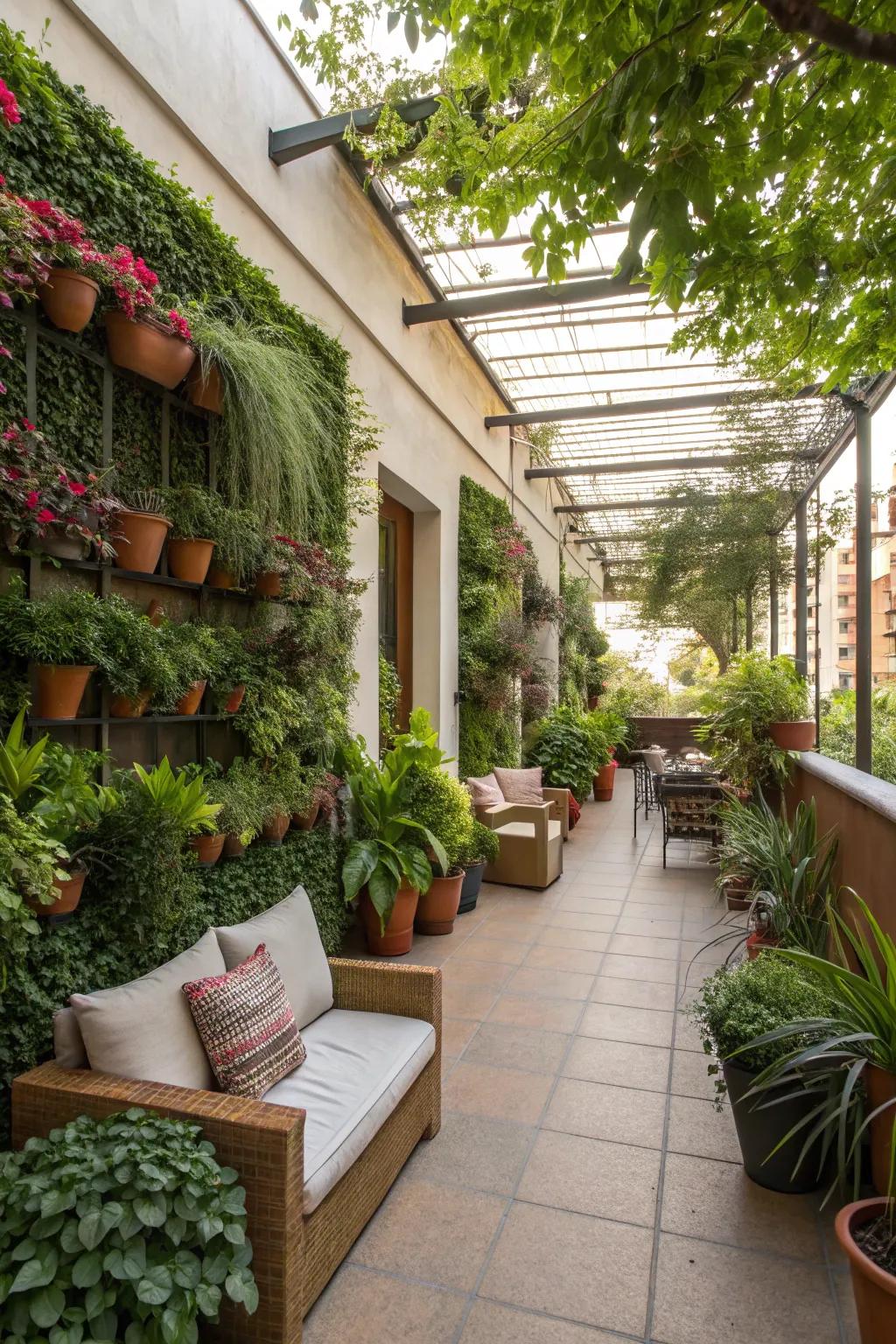 Turn your patio into a green oasis with lush plants and vertical gardens.